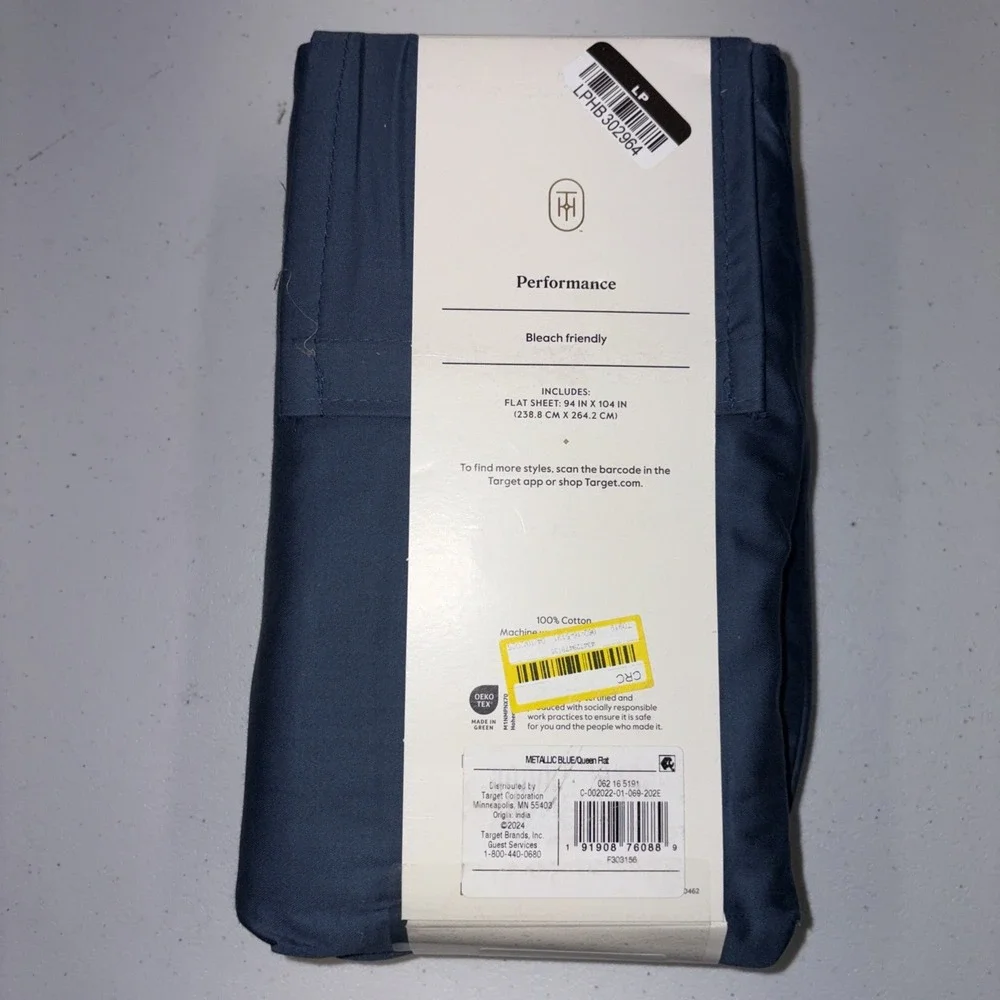 Threshold Performance 100% Cotton Sateen QUEEN Flat Sheet Blue 400 TC Smooth